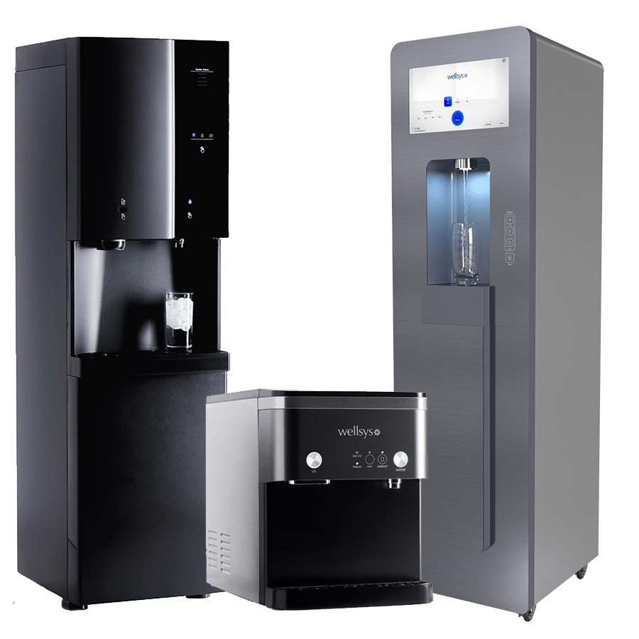 New Mexico Water and Ice Three water dispensers of varying sizes and designs are positioned side by side. Each has a front panel with buttons and a dispensing area, with one showing a glass being filled with water.